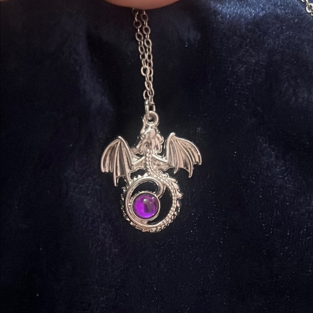 Silver Dragon Pendant Necklace with Purple Gem